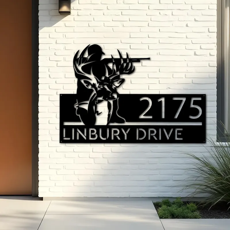 Custom Metal Deer hunter deer hunting Metal Address Sign, House number, Outdoor Number Signage, Yard Sign Address Plate