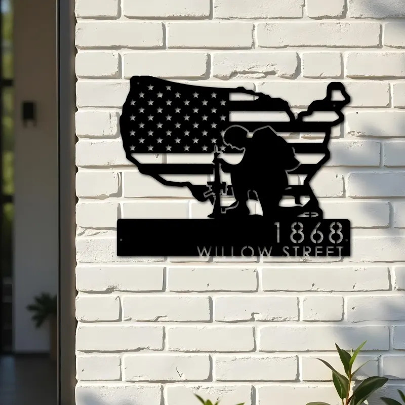 Custom Metal Soldier American Flag Patriotic Army Metal Address Sign, House number, Outdoor Number Signage, Yard Sign Address Plate