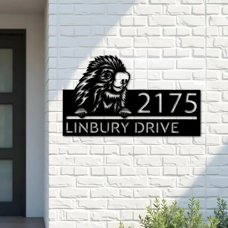 Custom Metal Peeking Porcupine Wild animal wildlife Metal Address Sign, House number, Outdoor Number Signage, Yard Sign Address Plate
