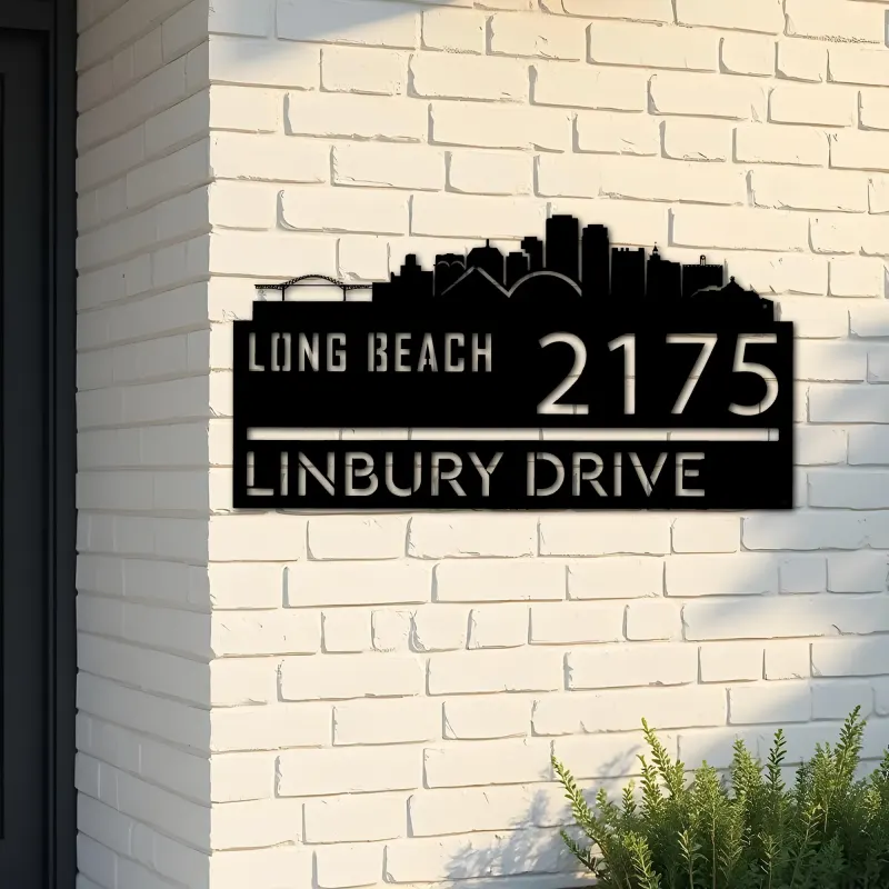 Custom Metal Long Beach city skyline Metal Address Sign Hanging Address Plaque house number Yard Outdoor Sign