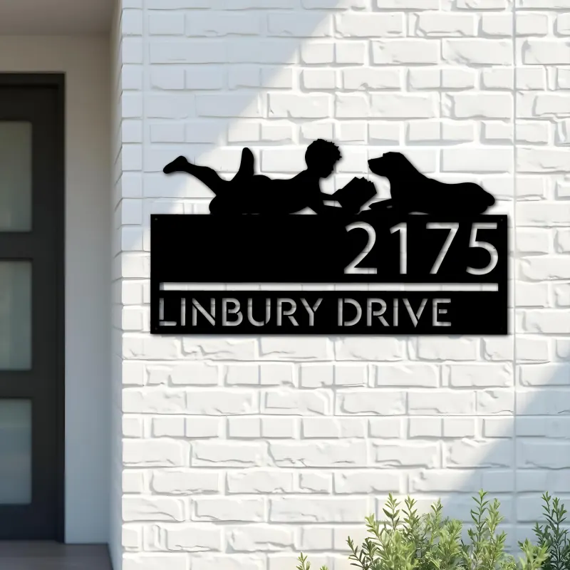 Custom Metal Boy reading book with dog Metal Address Sign, House number, Outdoor Number Signage, Yard Sign Address Plate