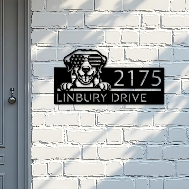 Custom Metal Golden Retriever dog US glasses Metal Address Sign House number Hanging Address Plaque Yard Sign Outdoor decor