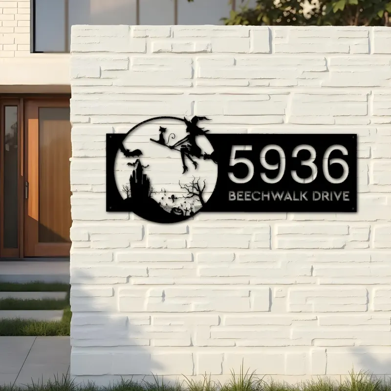 Custom Metal Witch and black cat flying Halloween Metal Address Sign, House number, Outdoor Number Signage, Yard Sign Address Plate