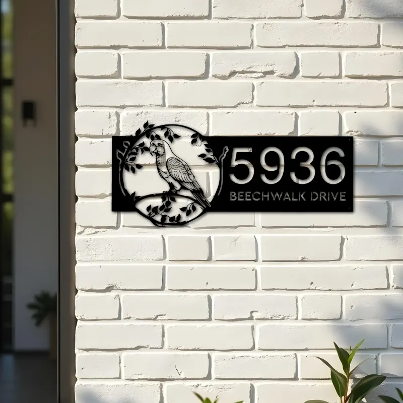 Custom Metal Parrot bird on tree branch Metal Address Sign Custom Hanging Address Plaque House number Yard Sign Outdoor Sign