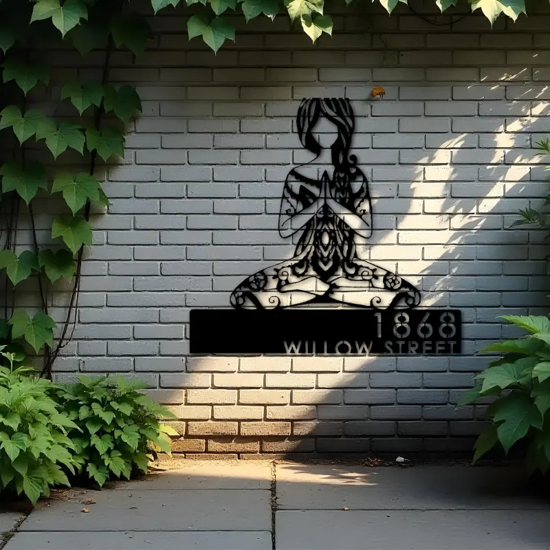 Custom Metal Yoga Girl in hippie style Metal Address Sign, House number, Outdoor Number Signage, Yard Sign Address Plate