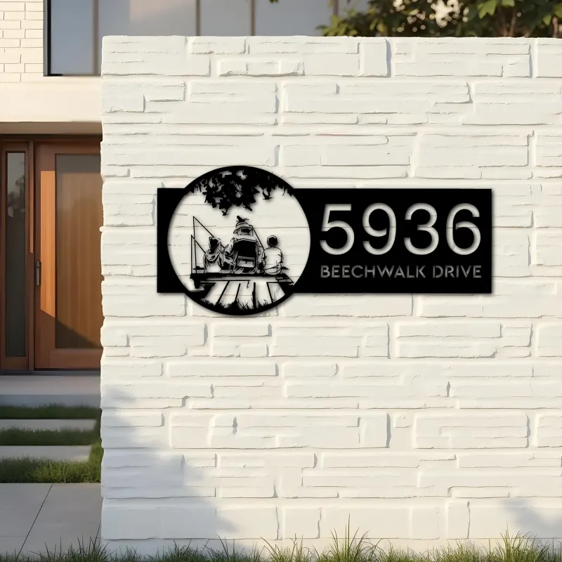 Custom Metal Father and 2 sons go fishing Metal Address Sign Custom House number Hanging Address Plaque Yard Sign Outdoor