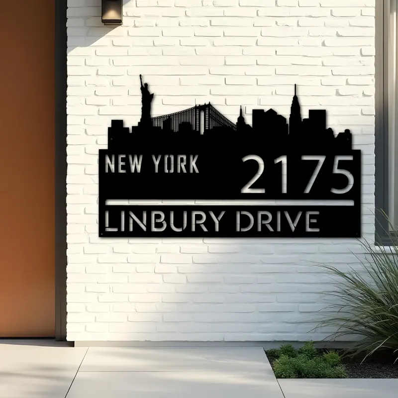 Custom Metal New York city skyline Metal Address Sign Hanging Address Plaque house number Yard Outdoor Sign