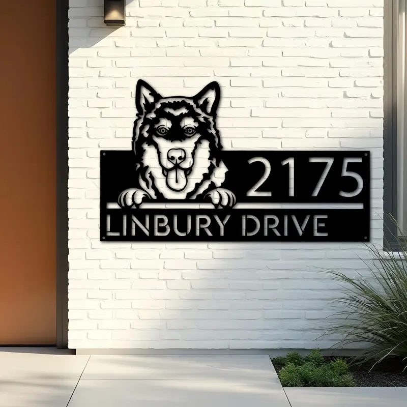 Custom Metal Alaskan Malamute dog cute puppy Metal Address Sign House number Hanging Address Plaque Yard Sign Outdoor decor