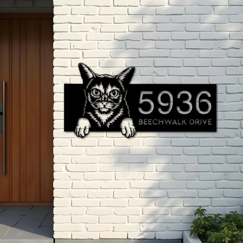 Custom Metal Abyssinian Cute peeking cat kitten Metal Address Sign, House number, Outdoor Number Signage, Yard Sign Address Plate