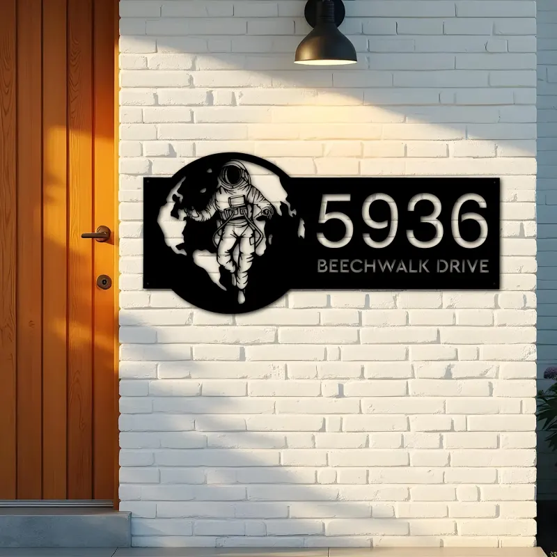 Custom Metal Astronaut on globe spaceman adventure Address Sign House number Hanging Address Plaque Yard Sign Outdoor Sign