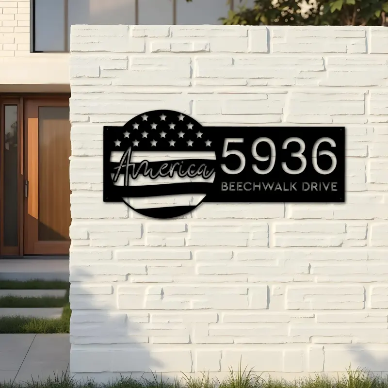 Custom Metal America US flag 4th of July Metal Address Sign House number Hanging Address Plaque Yard Sign Outdoor decor