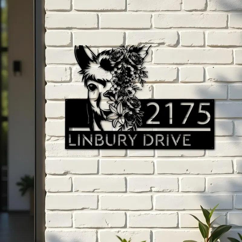 Custom Metal Floral Llama animal Metal Address Sign, House number, Outdoor Number Signage, Yard Sign Address Plate