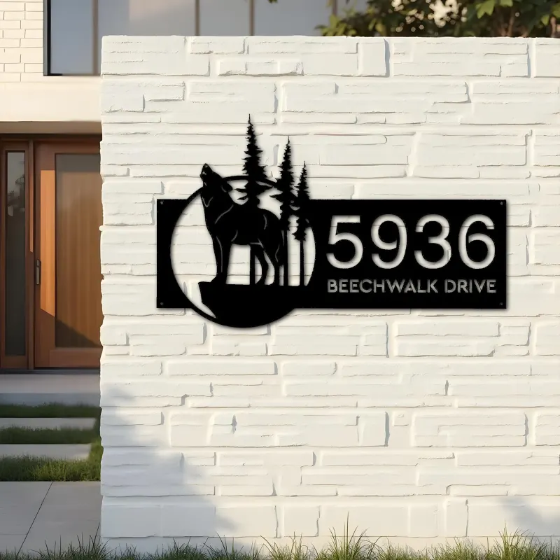 Custom Metal Wolf wild life mountain forest Metal Address Sign, House number, Outdoor Number Signage, Yard Sign Address Plate