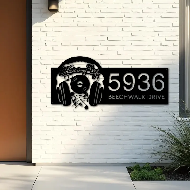 Custom Metal Music is my life headset Metal Address Sign Custom House number Hanging Address Plaque Yard Sign Outdoor