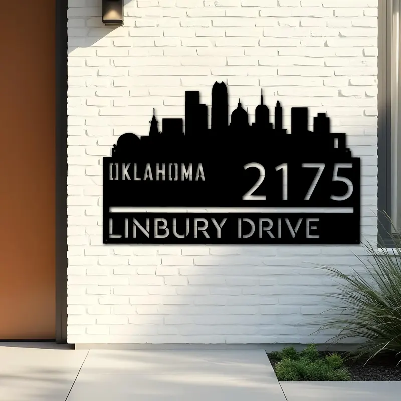 Custom Metal Oklahoma city skyline Metal Address Sign Hanging Address Plaque house number Yard Outdoor Sign