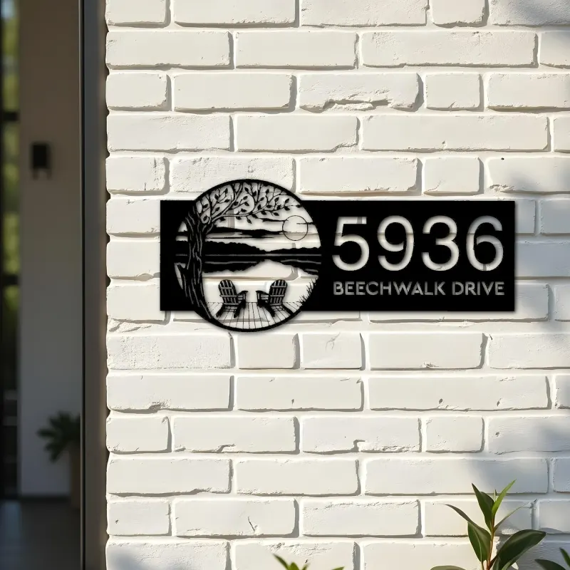Custom Metal Tree Dock on Lake Scene Sunset Metal Address Sign Custom House number Hanging Address Plaque Yard Sign Outdoor