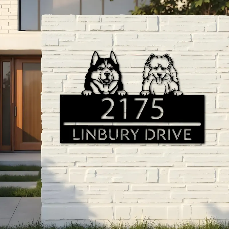 Custom Metal Husky and samoyed dog Puppy Metal Address Sign House number Hanging Address Plaque Yard Sign Outdoor decor