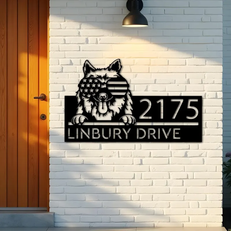Custom Metal Keeshond dog US flag glasses Metal Address Sign House number Hanging Address Plaque Yard Sign Outdoor decor