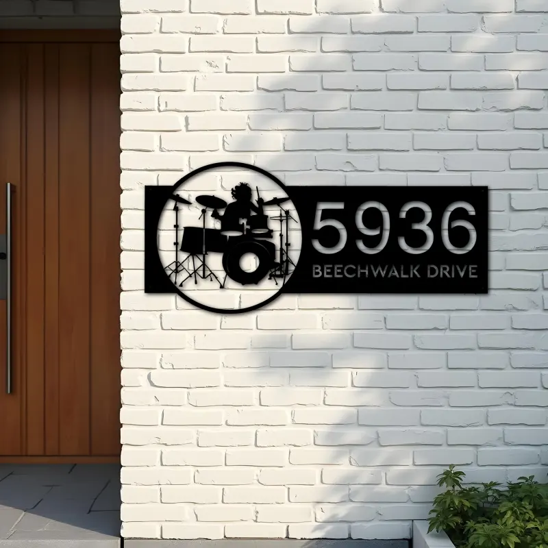 Custom Metal Drummer Drum player musician Metal Address Sign, House number, Outdoor Number Signage, Yard Sign Address Plate