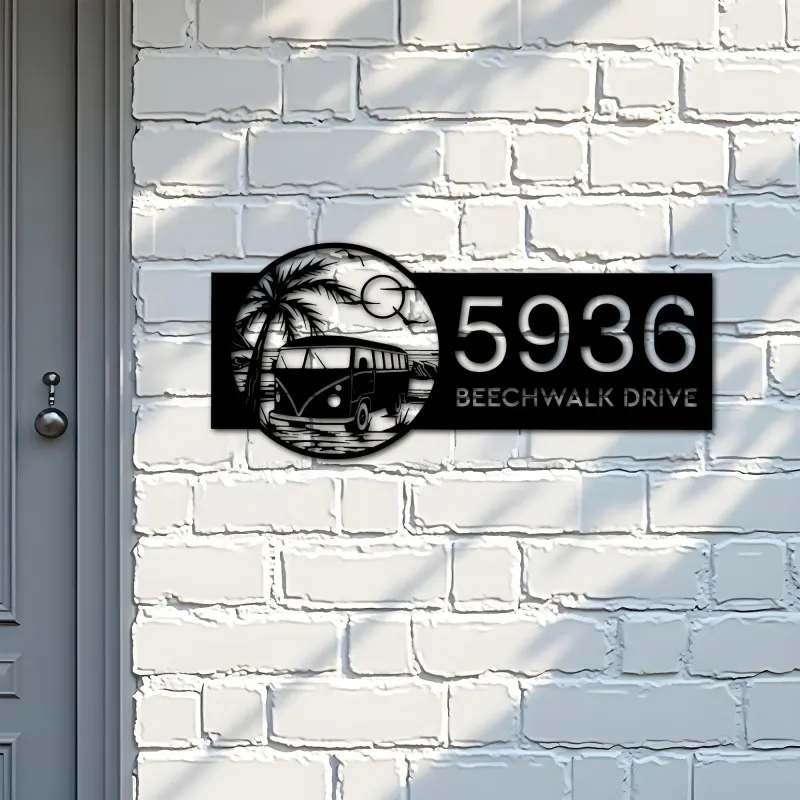 Custom Metal Palm Trees and Camper Van on Sea Beach Metal Address Sign, House number, Outdoor Number Signage, Yard Sign Address Plate