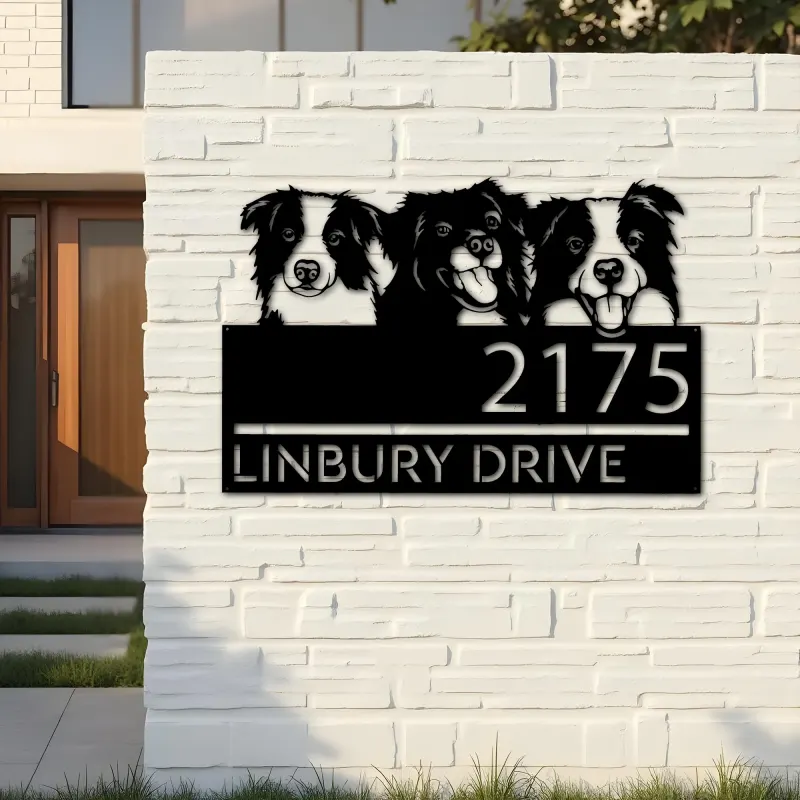 Custom Metal Peeking dogs border collie Metal Address Sign, House number, Outdoor Number Signage, Yard Sign Address Plate