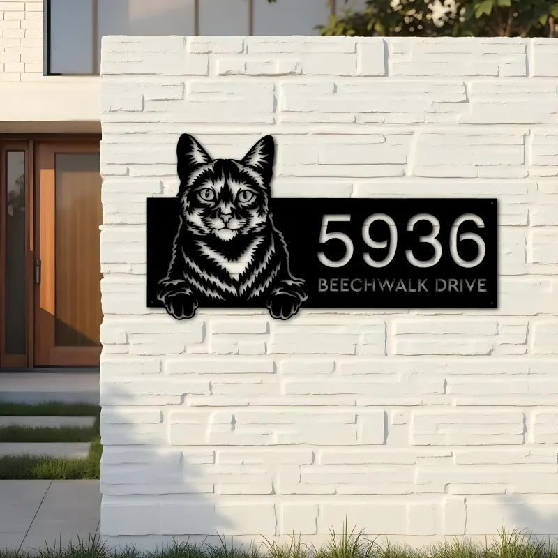 Custom Metal Domestic Cute peeking cat kitten Metal Address Sign, House number, Outdoor Number Signage, Yard Sign Address Plate