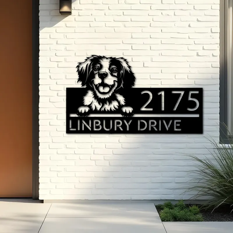 Custom Metal Brittany dog Puppy Metal Address Sign House number Hanging Address Plaque Yard Sign Outdoor decor