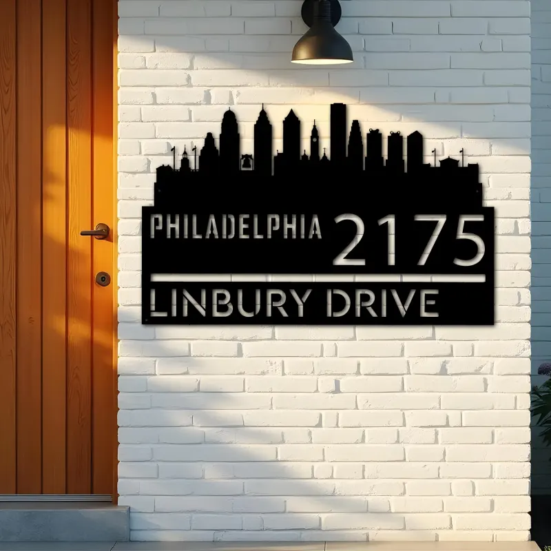 Custom Metal Philadelphia city skyline Metal Address Sign Hanging Address Plaque house number Yard Outdoor Sign