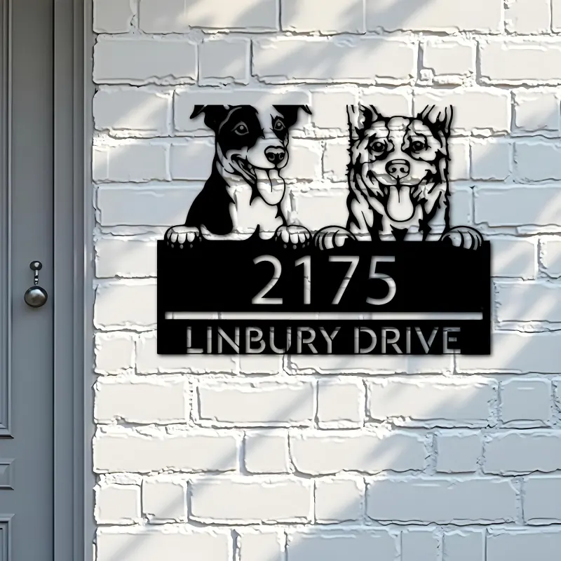 Custom Metal Red heeler and Jack russel terrier Metal Address Sign, House number, Outdoor Number Signage, Yard Sign Address Plate