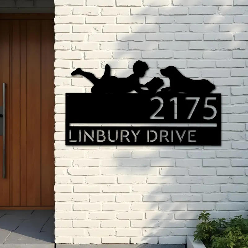 Custom Metal Boy reading book with dog Metal Address Sign, House number, Outdoor Number Signage, Yard Sign Address Plate