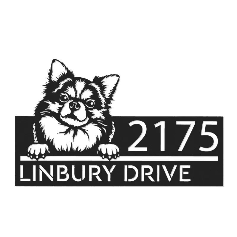 Custom Metal Chihuahua Long haired dog Puppy Metal Address Sign House number Hanging Address Plaque Yard Sign Outdoor decor
