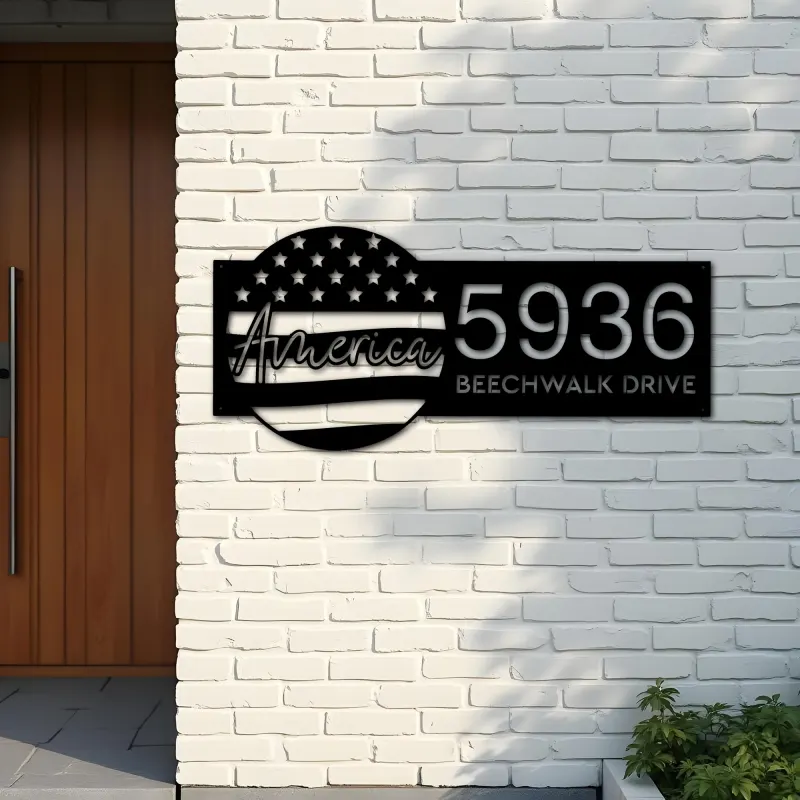 Custom Metal America US flag 4th of July Metal Address Sign House number Hanging Address Plaque Yard Sign Outdoor decor