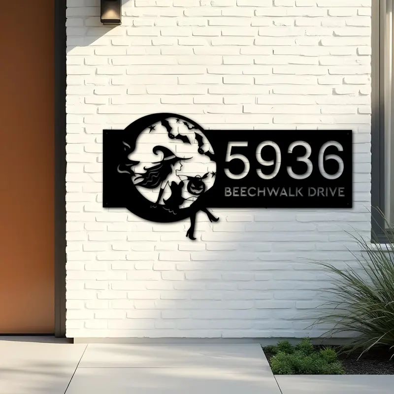 Custom Metal Cute Witch sitting on the moon Metal Address Sign, House number, Outdoor Number Signage, Yard Sign Address Plate