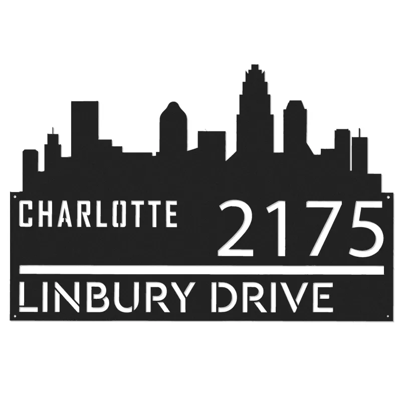 Custom Metal Charlotte city skyline Metal Address Sign Hanging Address Plaque house number Yard Outdoor Sign