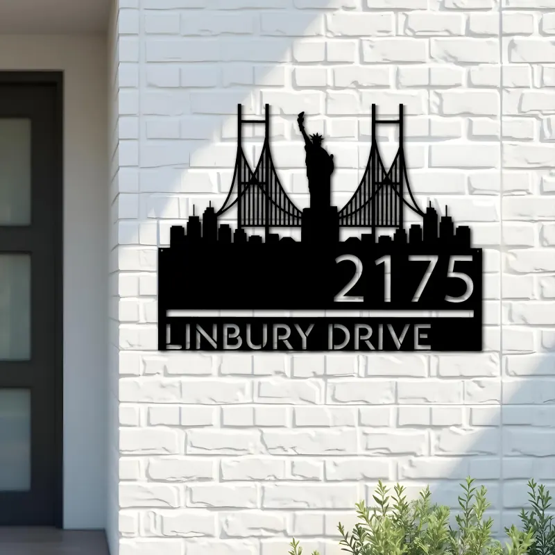 Custom Metal New York Statue of liberty city skyline Metal Address Sign Hanging Address Plaque house number Yard Outdoor Sign