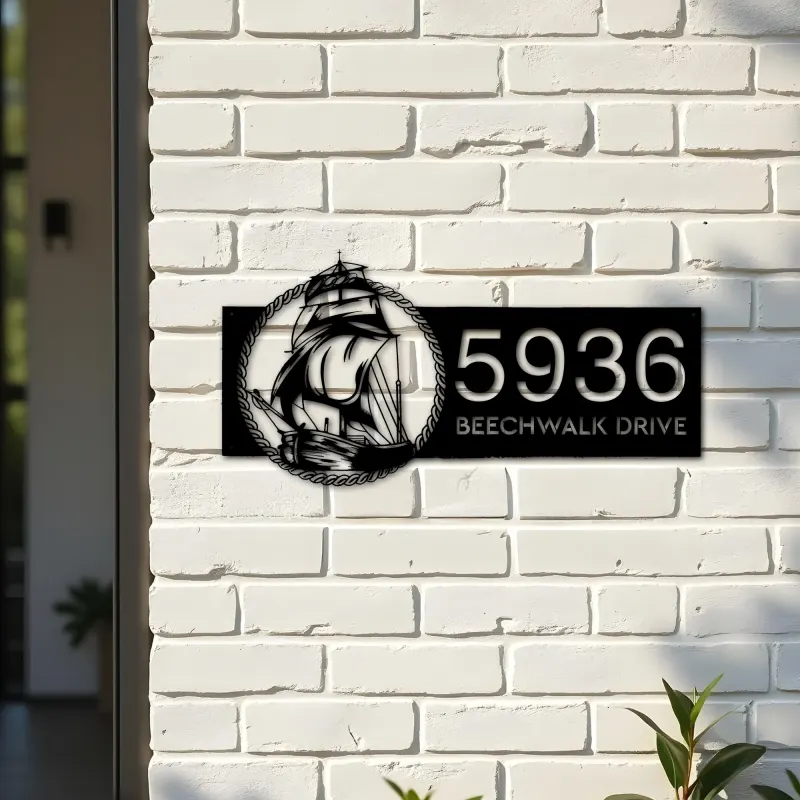 Custom Metal Ship with rope sea adventure Metal Address Sign, House number, Outdoor Number Signage, Yard Sign Address Plate