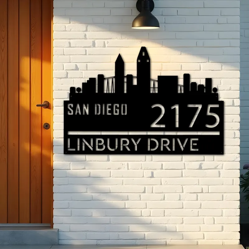 Custom Metal San Diego city skyline Metal Address Sign Hanging Address Plaque house number Yard Outdoor Sign