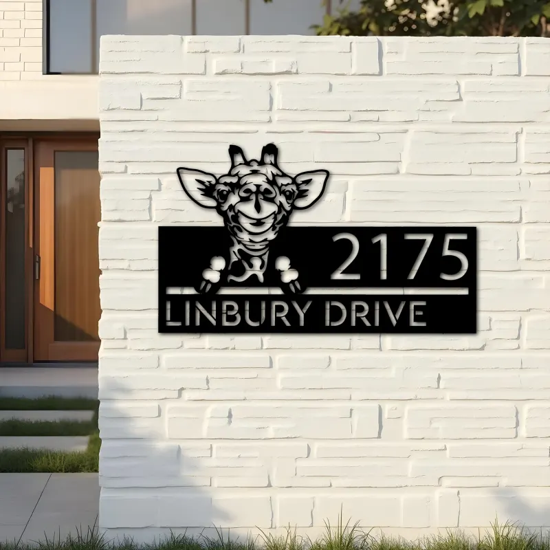 Custom Metal Peeking Giraffe Wild animal wildlife Metal Address Sign, House number, Outdoor Number Signage, Yard Sign Address Plate