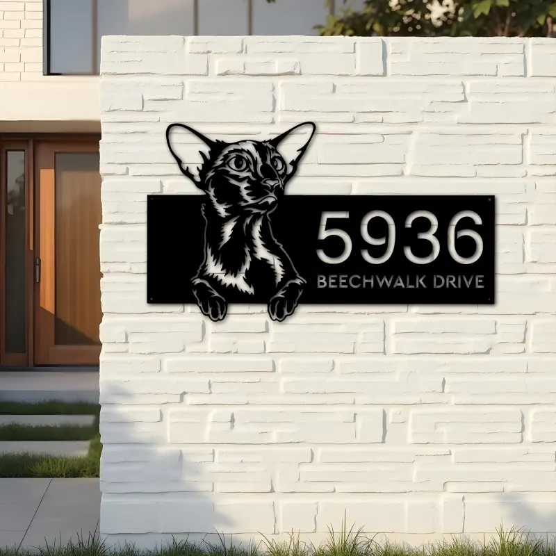 Custom Metal Oriental Shorthair Cute peeking cat Metal Address Sign, House number, Outdoor Number Signage, Yard Sign Address Plate