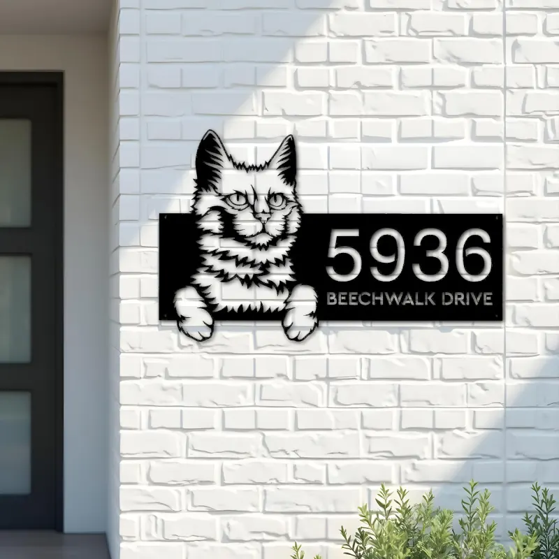 Custom Metal Turkis Angora Cute peeking cat Metal Address Sign, House number, Outdoor Number Signage, Yard Sign Address Plate