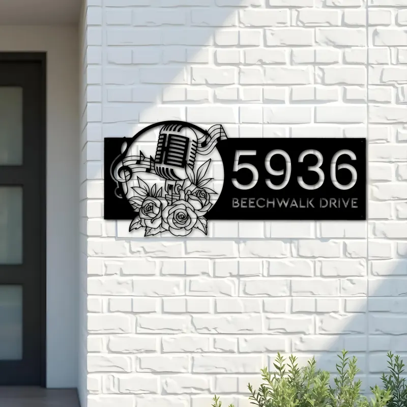Custom Metal Floral microphone Musical notes Metal Address Sign, House number, Outdoor Number Signage, Yard Sign Address Plate