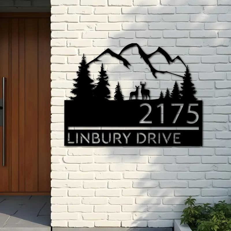 Custom Metal Deer couple mountain scene Metal Address Sign, House number, Outdoor Number Signage, Yard Sign Address Plate