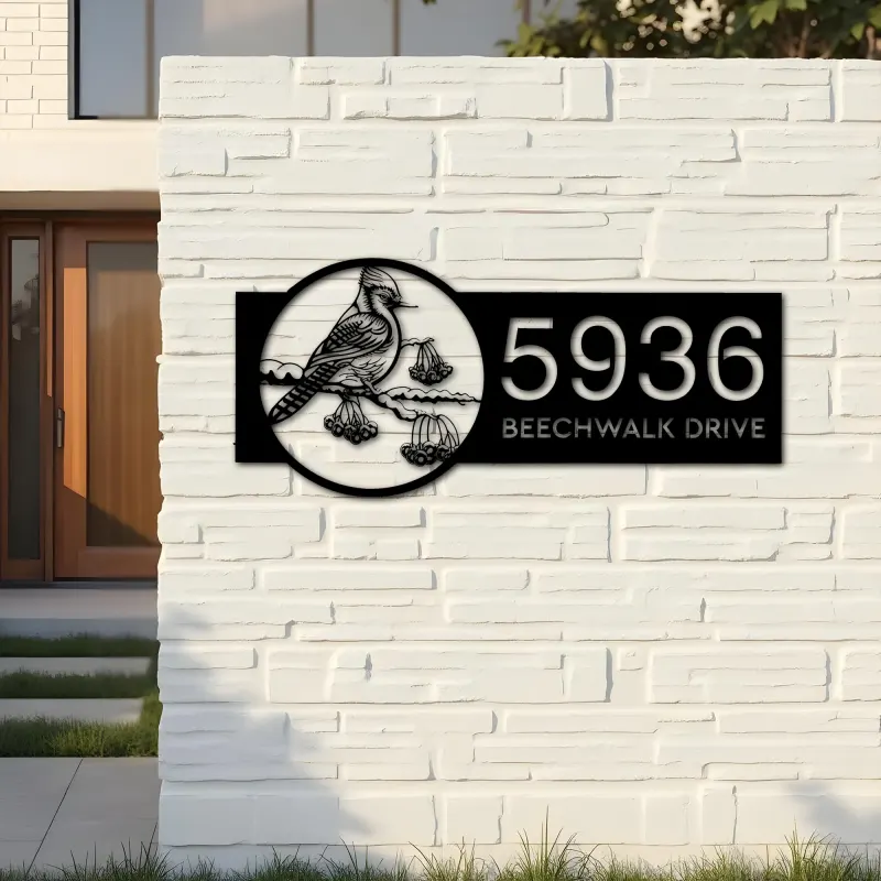 Custom Metal Blue jay bird Metal Address Sign Custom Hanging Address Plaque House number Yard Sign Outdoor Sign