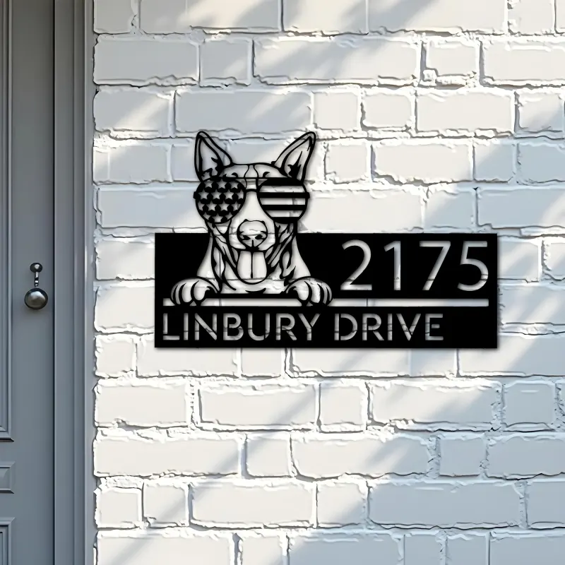 Custom Metal Bull Terrier dog US flag glasses Metal Address Sign House number Hanging Address Plaque Yard Sign Outdoor decor