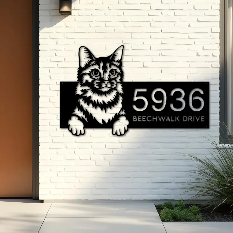 Custom Metal Somali Cute peeking cat kitten Metal Address Sign, House number, Outdoor Number Signage, Yard Sign Address Plate