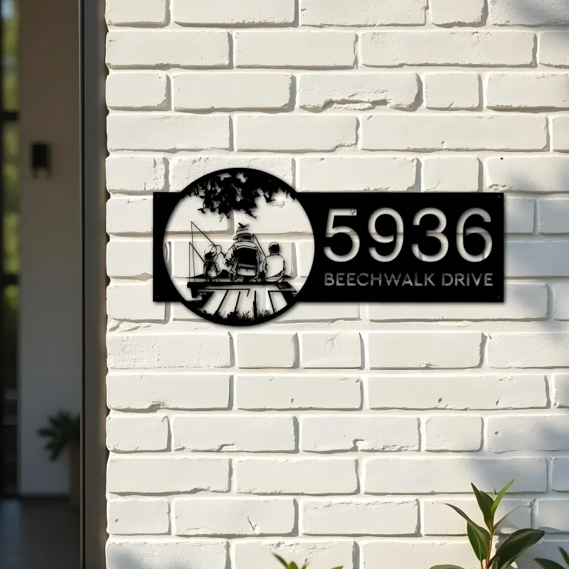 Custom Metal Dad son and daughter go fishing Metal Address Sign Custom House number Hanging Address Plaque Yard Sign Outdoor