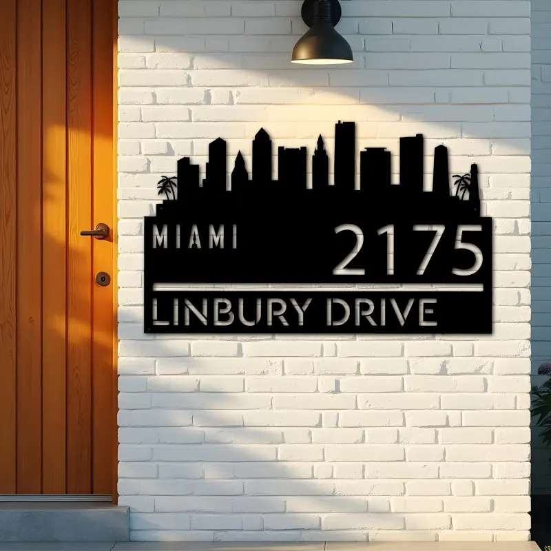 Custom Metal Miami city skyline Metal Address Sign Hanging Address Plaque house number Yard Outdoor Sign