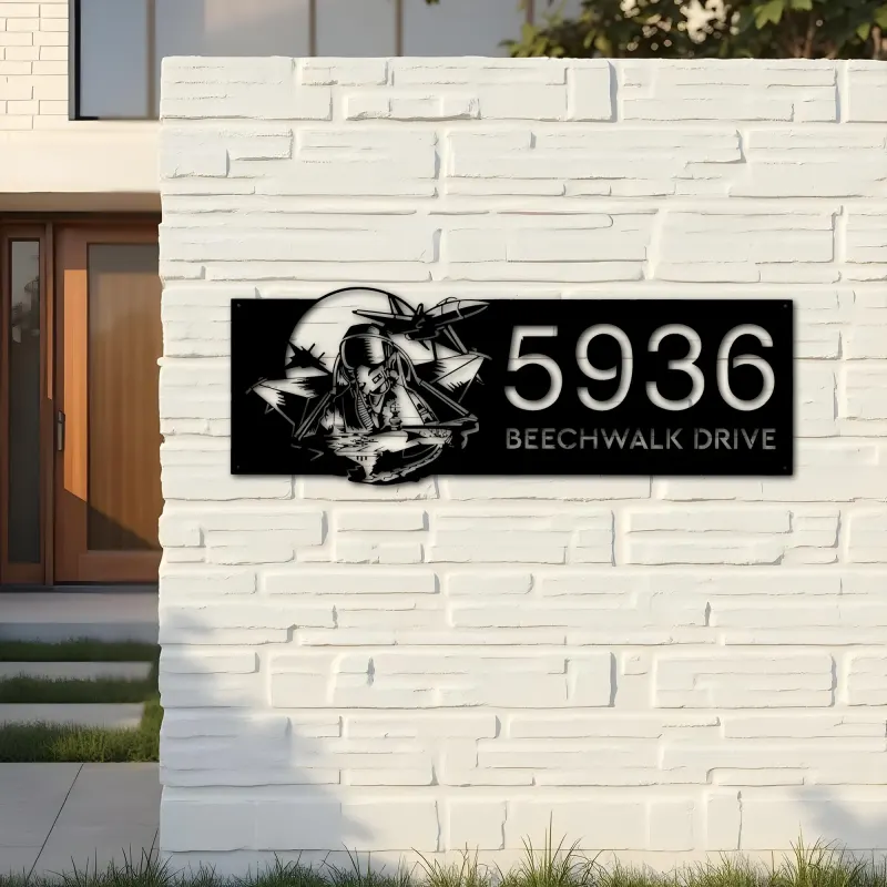 Custom Metal Fighter Pilot Aircraft Carrier Metal Address Sign House number Hanging Address Plaque Yard Sign Outdoor