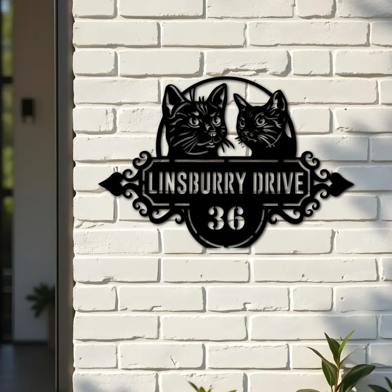 Custom Metal Cute cats kittens Metal Address Sign, House number, Outdoor Number Signage, Yard Sign Address Plate