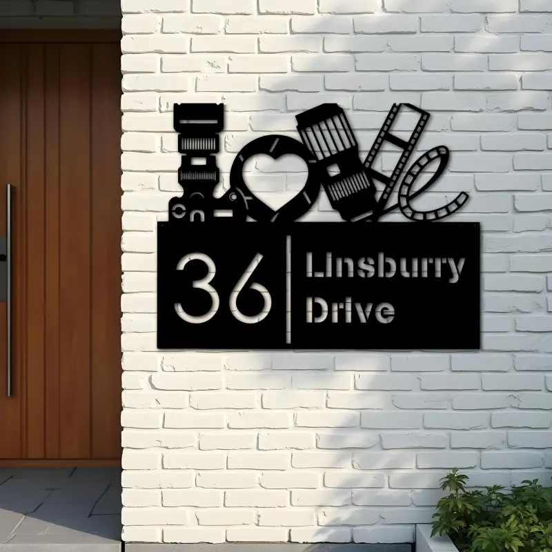Custom Metal Love Photography Camera Photographer Metal Address Sign, House number, Outdoor Number Signage, Yard Sign Address Plate